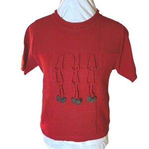 Y2K JAPAN Mimosalip Red Knit Top Short Sleeve Kitty Cat Wooden Button SZ S‎